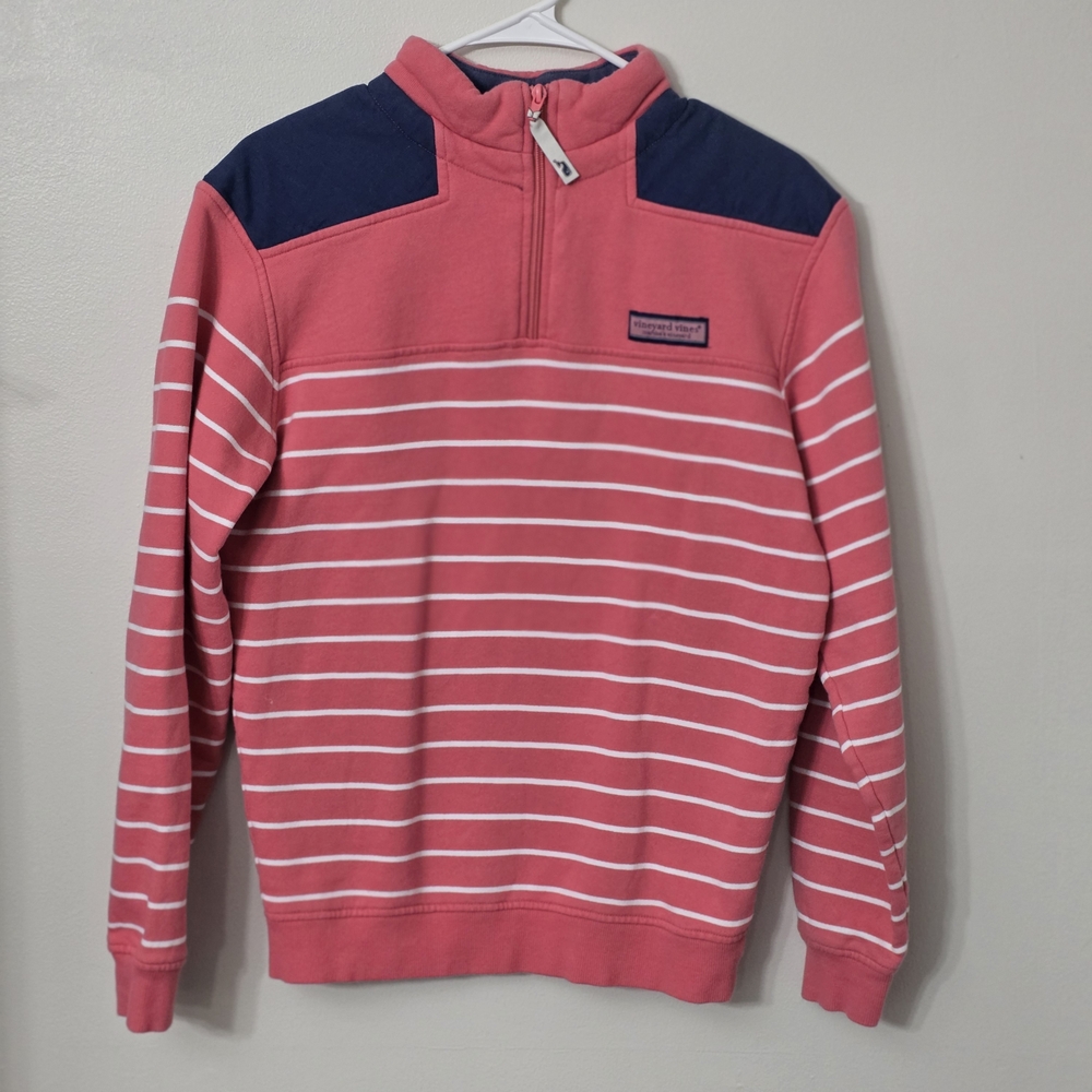 Vineyard Vines Womens Coral and Navy Striped Zip-Up 100% Cotton Sweater Size Xs